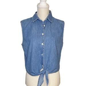Marsh Landing Denim Button-Down Sleeveless Blouse with Front Tie Size M